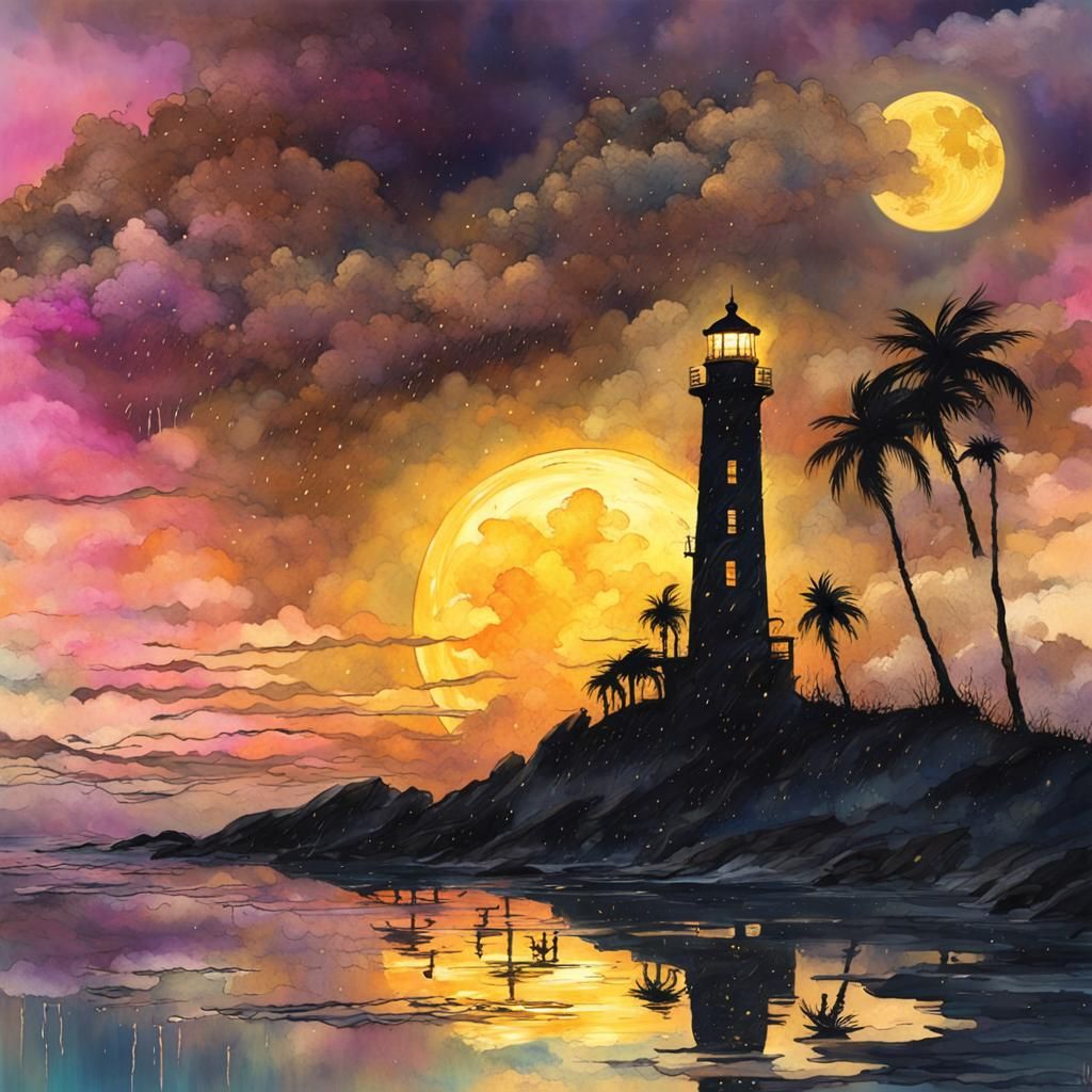 Gold Sunset Lighthouse Seascape in Watercolor Style