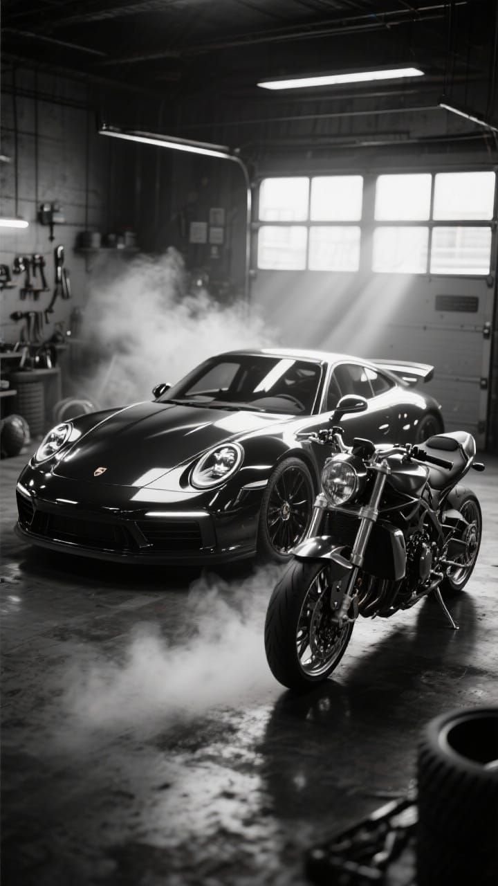 Hyper-Realistic Porsche 911 & Motorcycle in B&W