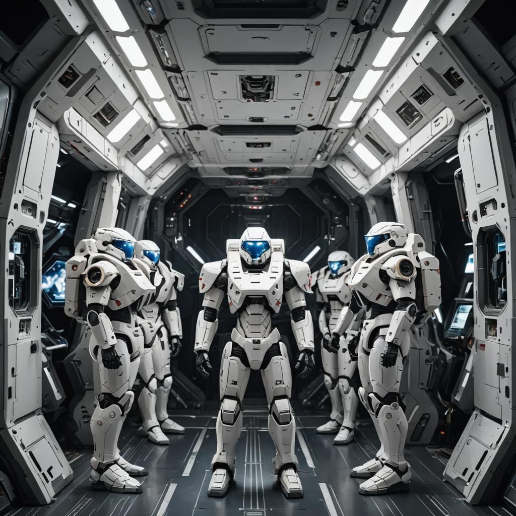 Battlesuits Await Deployment in Spaceship Hold