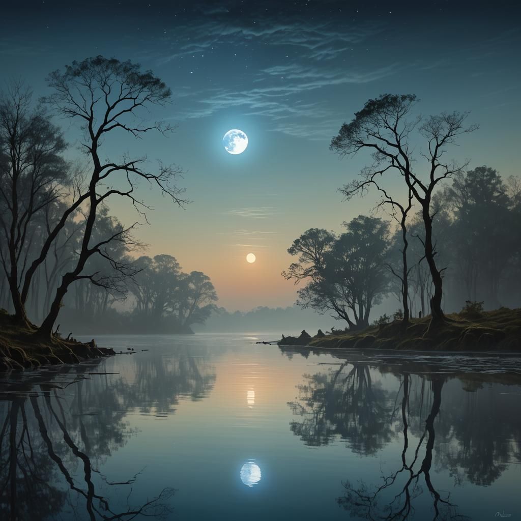 Ethereal Blue Moon Reflection in Still Water