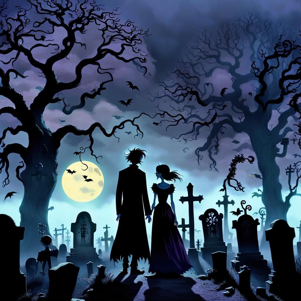 Zombie Couples in Graveyard: Whimsical Gothic Fantasy