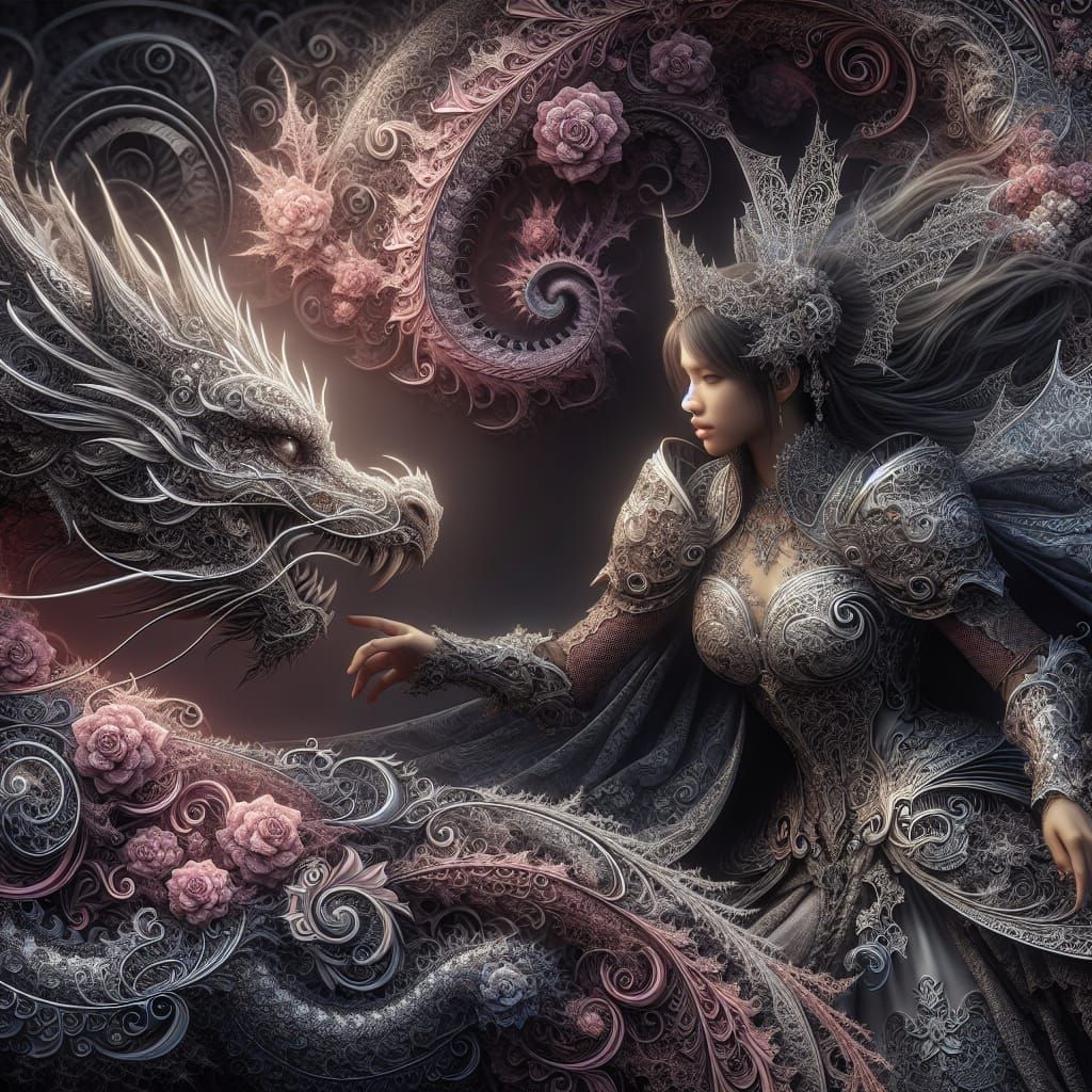 female and dragon, intricate fractals and filigree gothic ar...