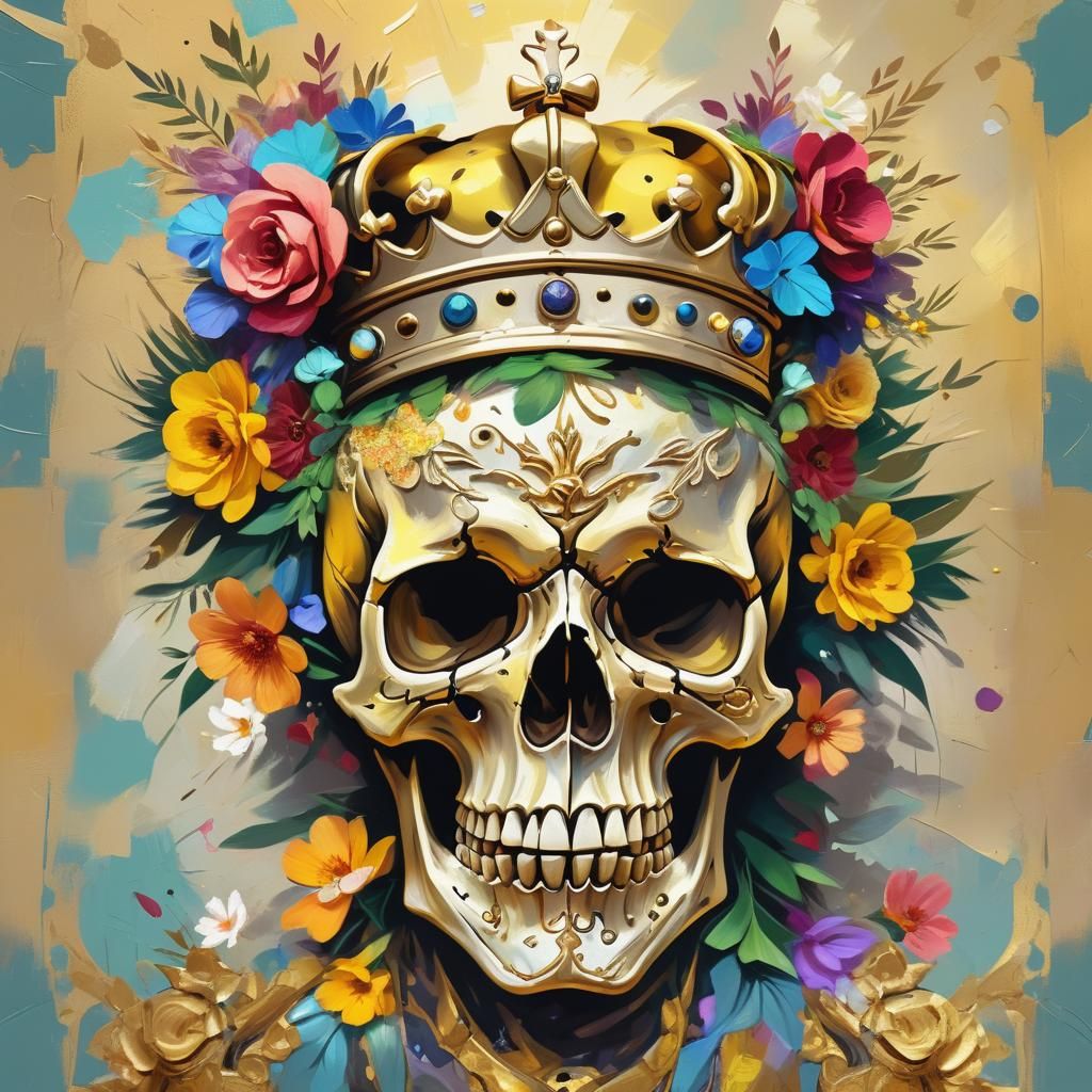 Floral Crowned Skull in Neo-Impressionist Style