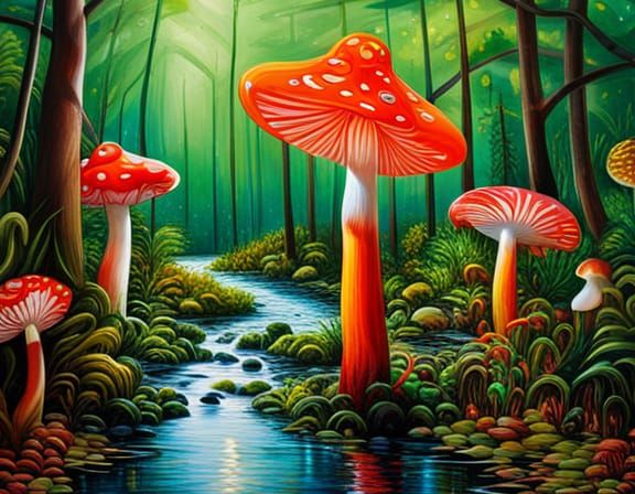 Crystal Toadstools in Opulent Forest, Digital Painting