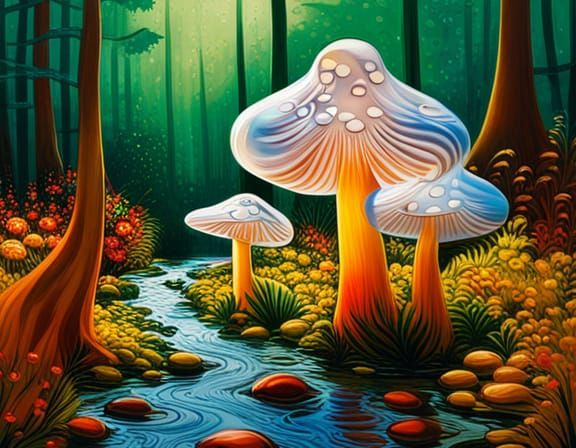 Crystal Toadstools in Opulent Forest, Glass Sculpture