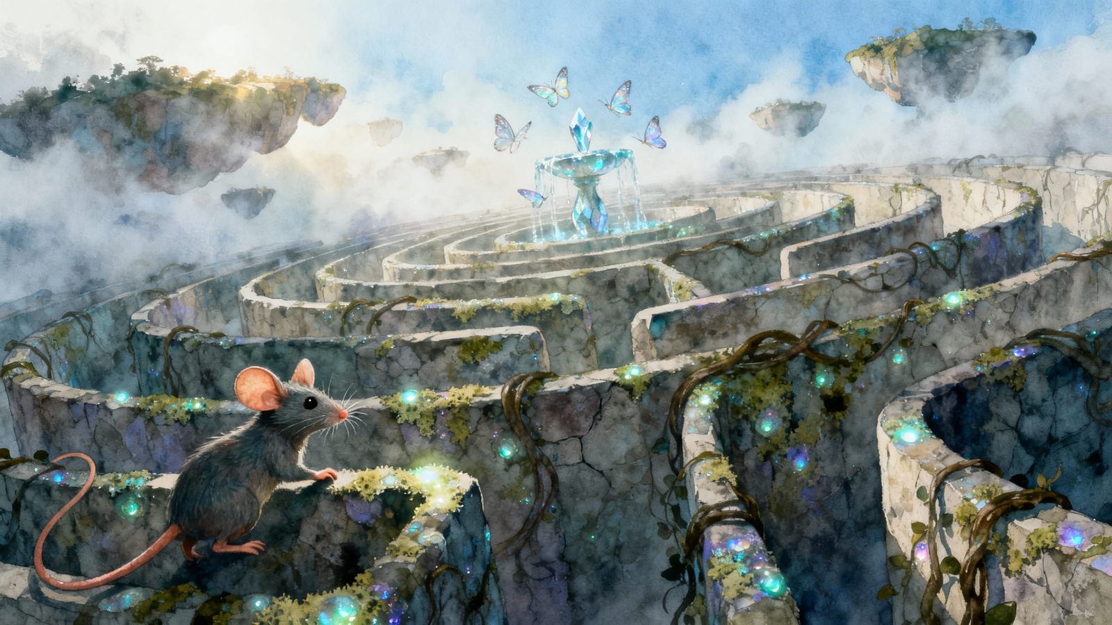 Stylized Mouse Navigates Fantasy Maze in Watercolor