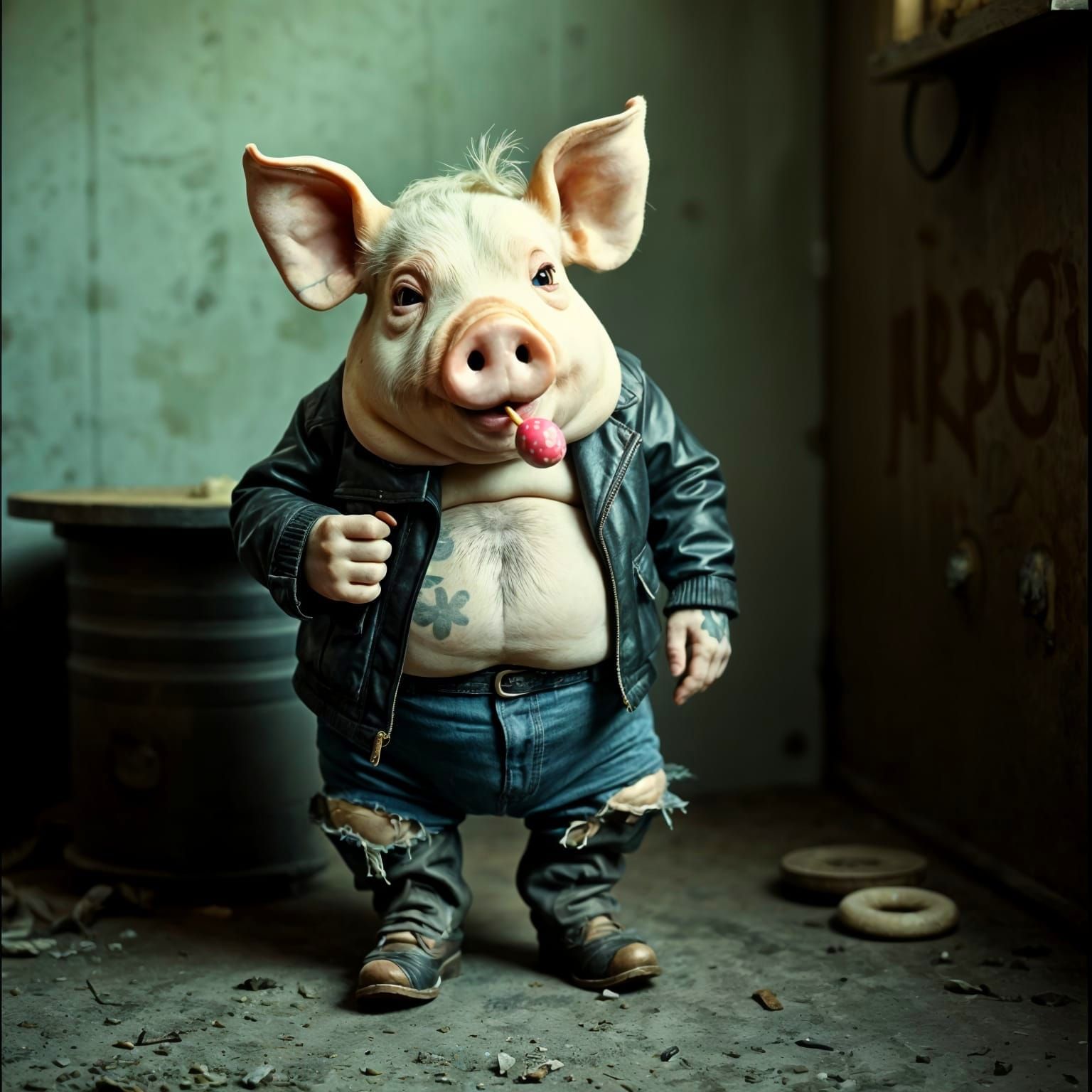 Gritty Pig Portrait with Gun and Lollipop