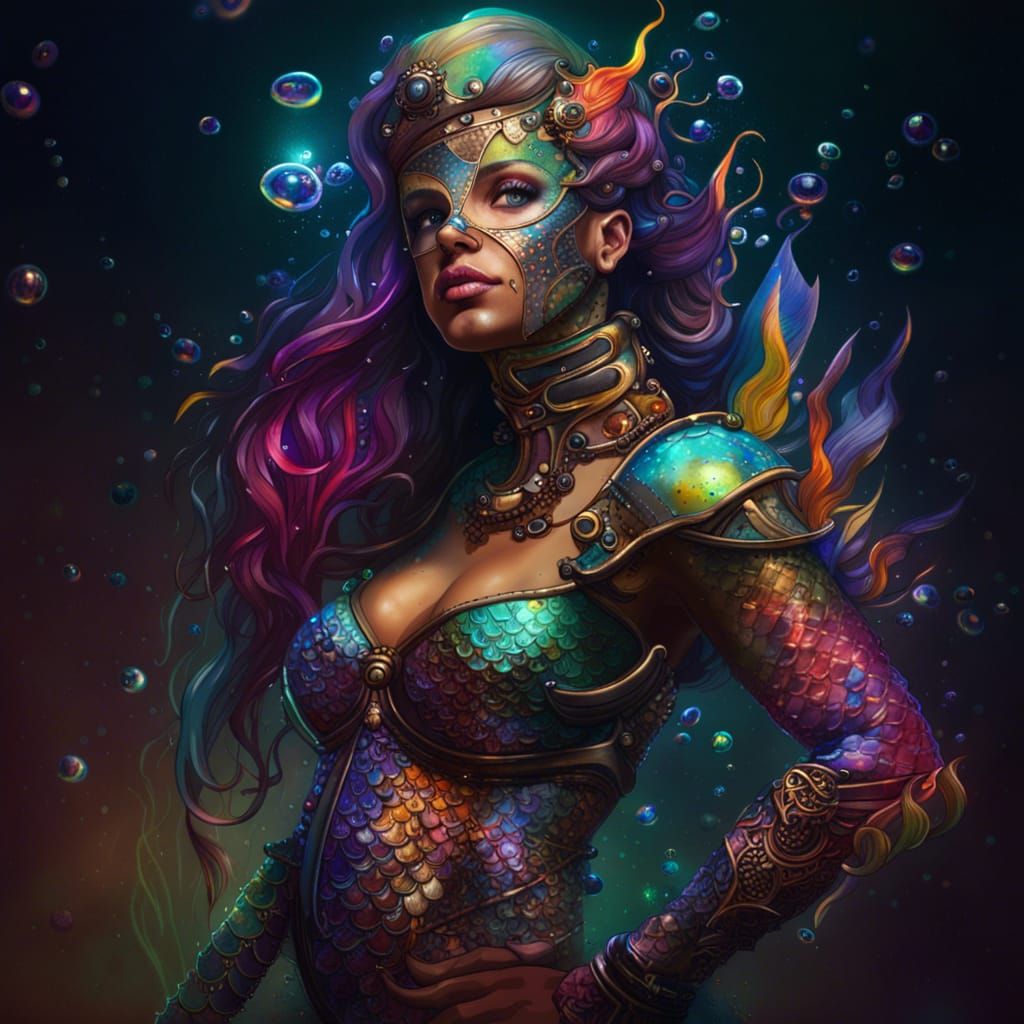 Galactic Steampunk Mermaid Warrior in Splash Art Style