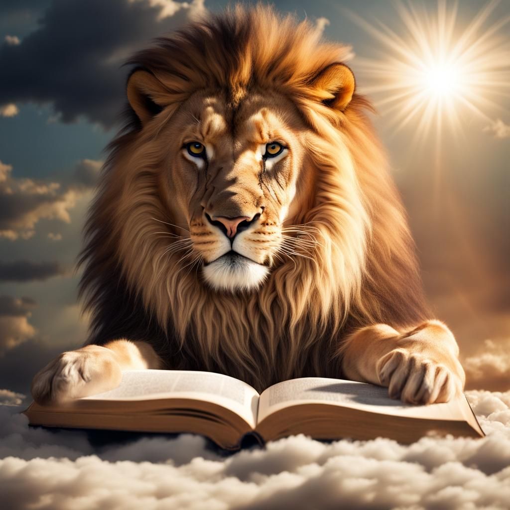 Majestic Lion Reading Book in Divine Light