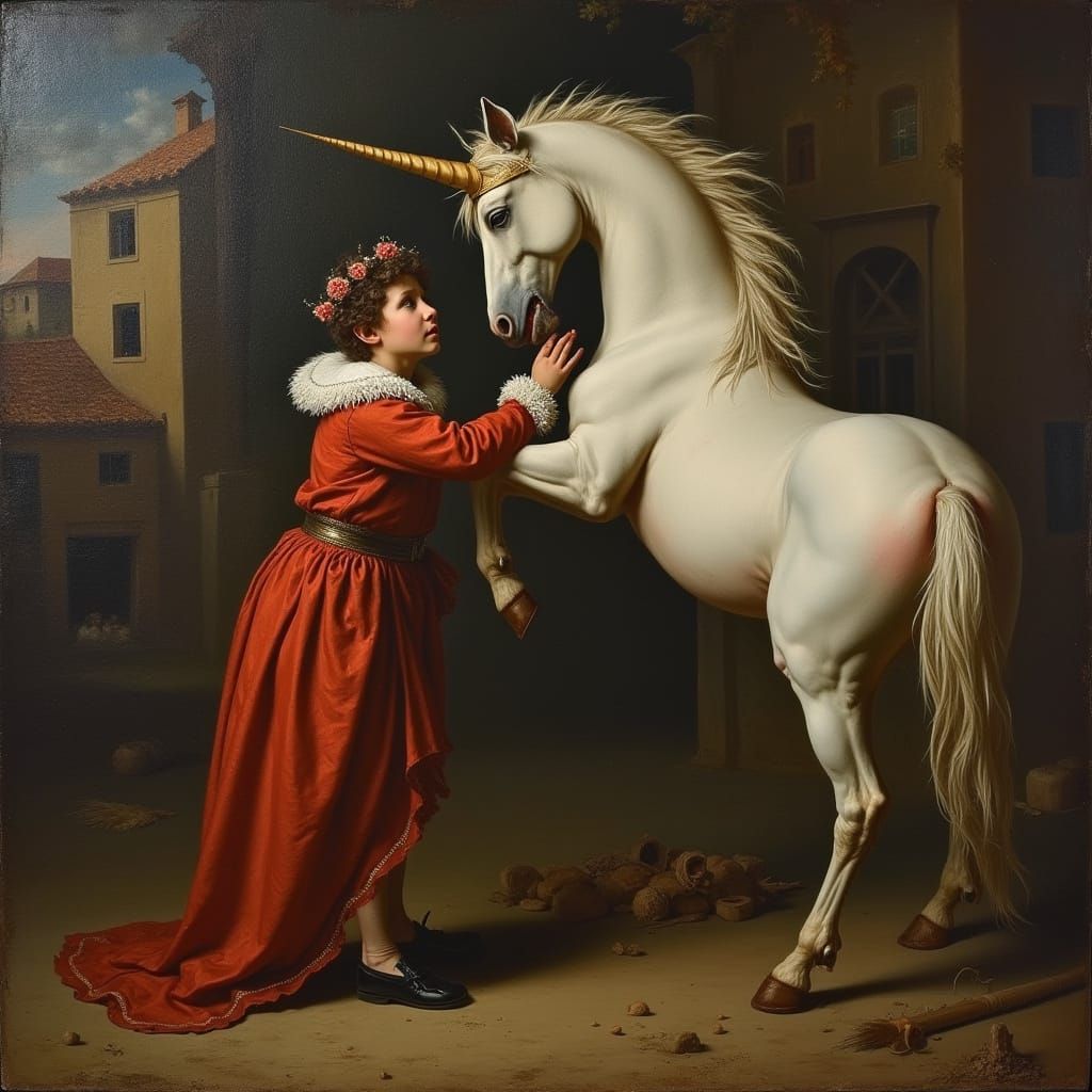 Boy Bitten by Unicorn: Renaissance Oil Painting