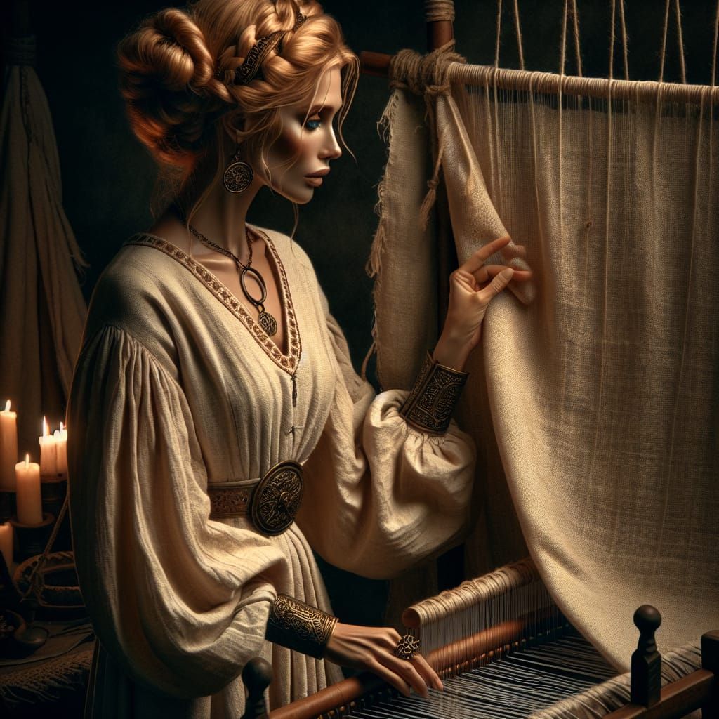 Lithuanian Fate Goddess at Loom in Dark Fantasy