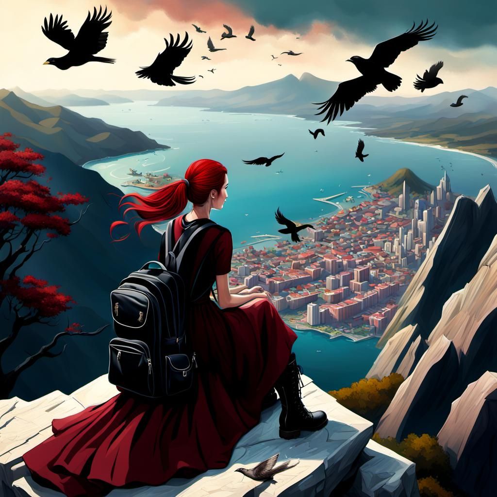 Girl Overlooking Ocean and City, Matte Painting