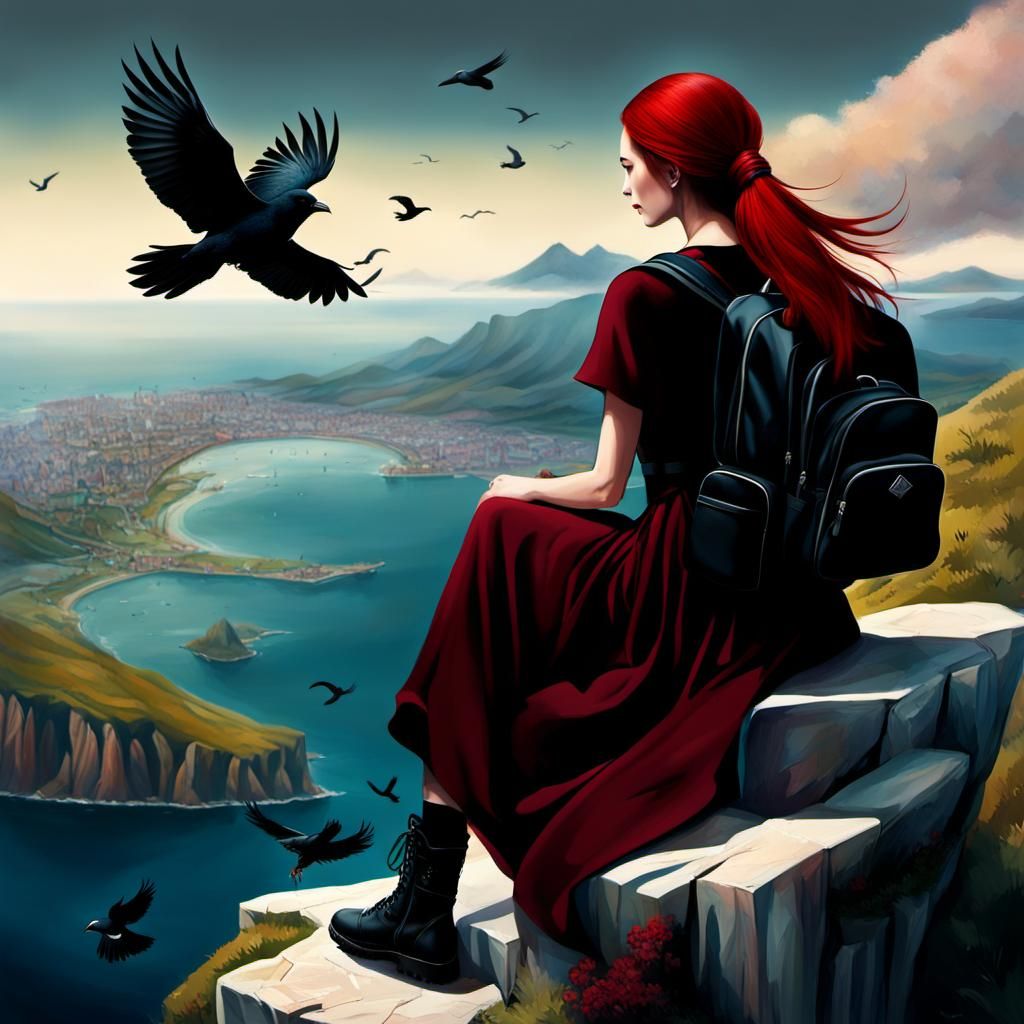 Girl on Mountain Top Overlooking Ocean and City