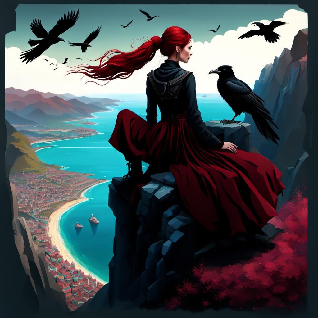 Girl on Mountain Overlooking City and Ocean