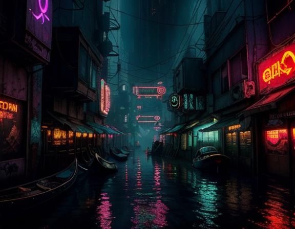 Cyberpunk Gondola Glides Through Flooded Dark Street