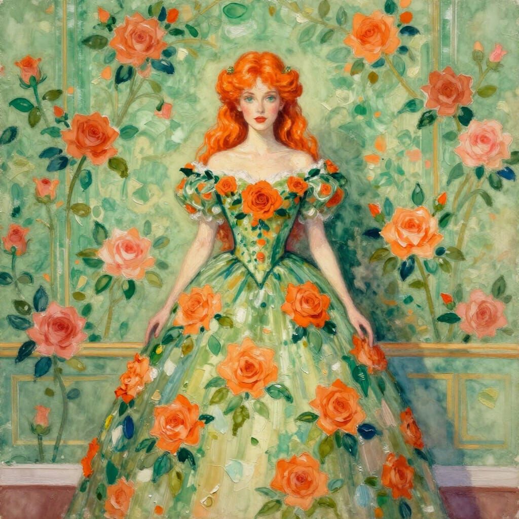 Woman in Rose Gown Posing in Floral Room