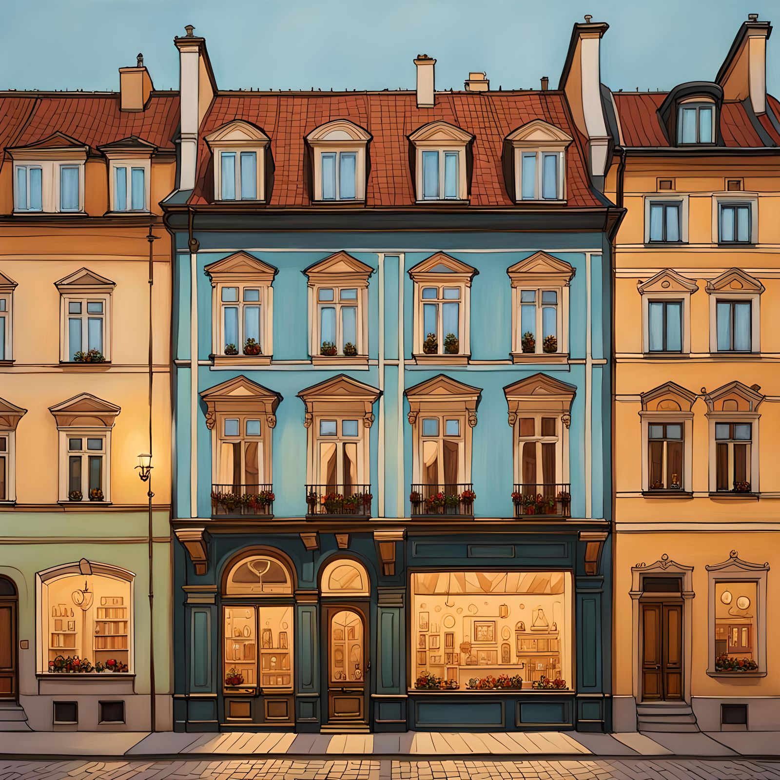 Renaissance Shop Facade in Warsaw, Klimt-Style Gouache