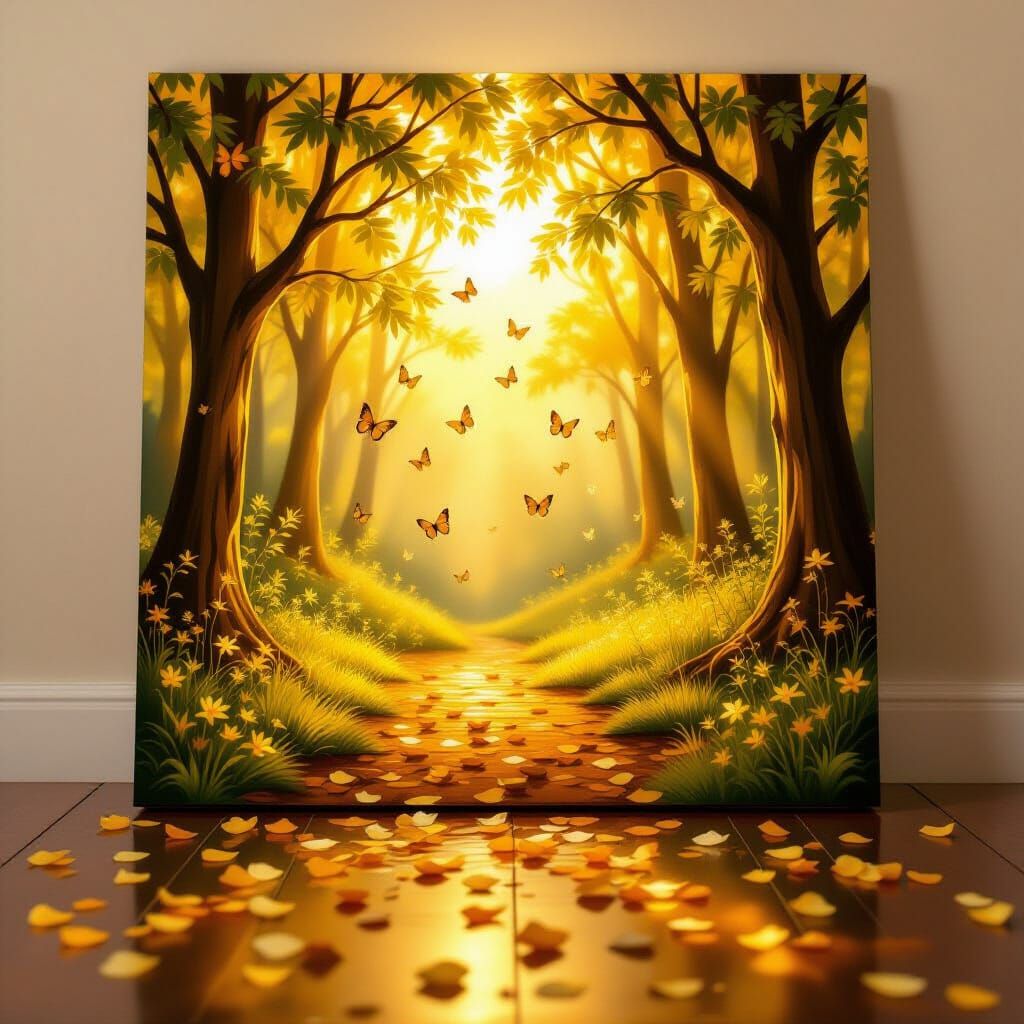 Sunlit Grove Painting with Butterflies and Glowing Trails