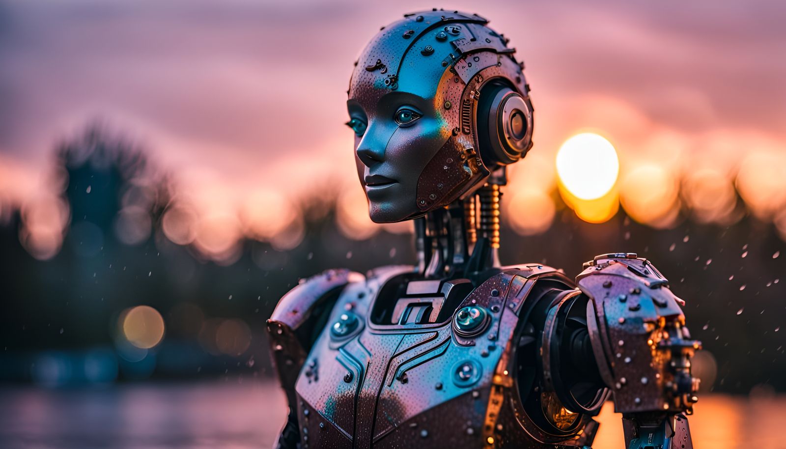 Humanoid Robot in Rain at Sunset: Realistic 8K