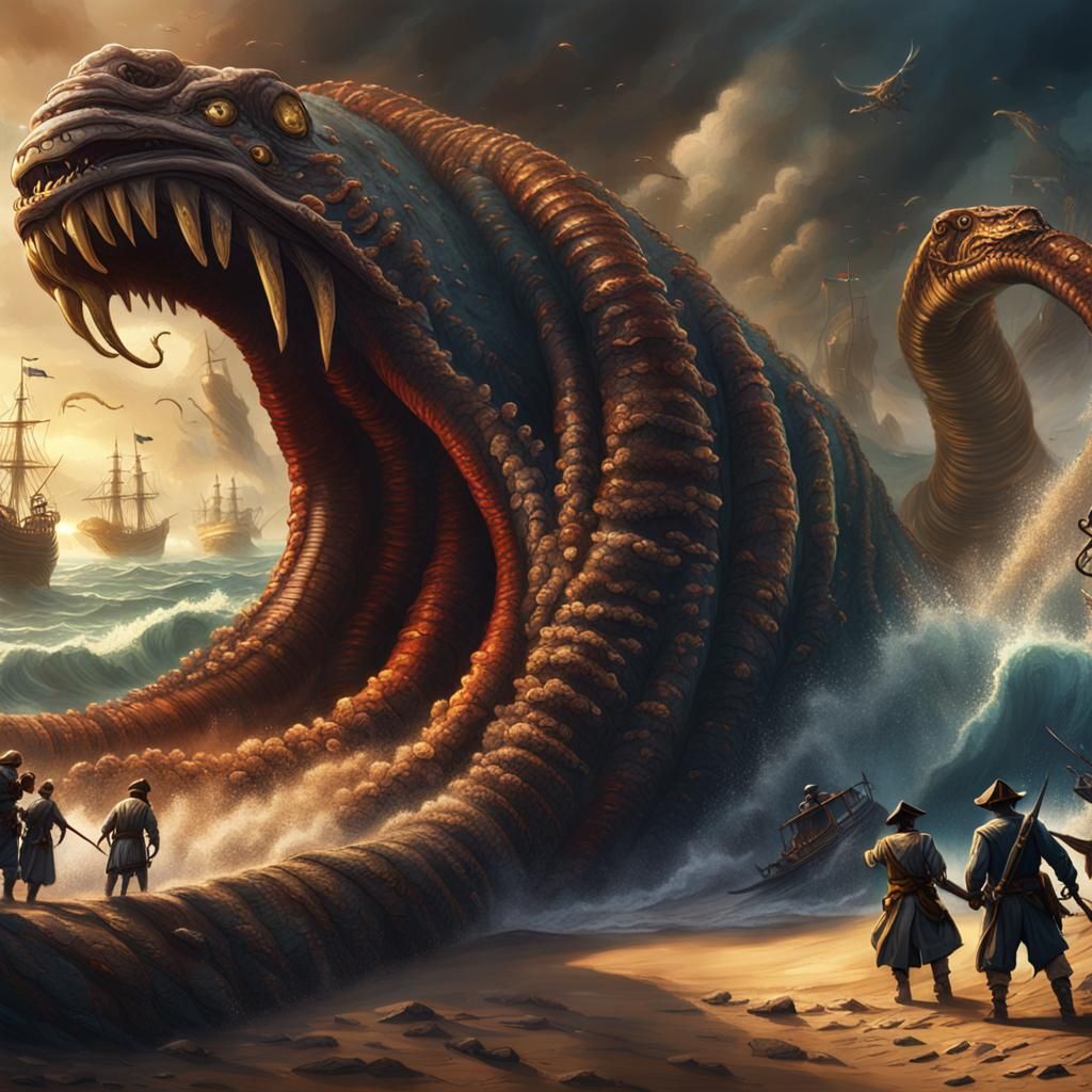 Pirates and Traders Battle Sandworms: Fantasy Concept Art