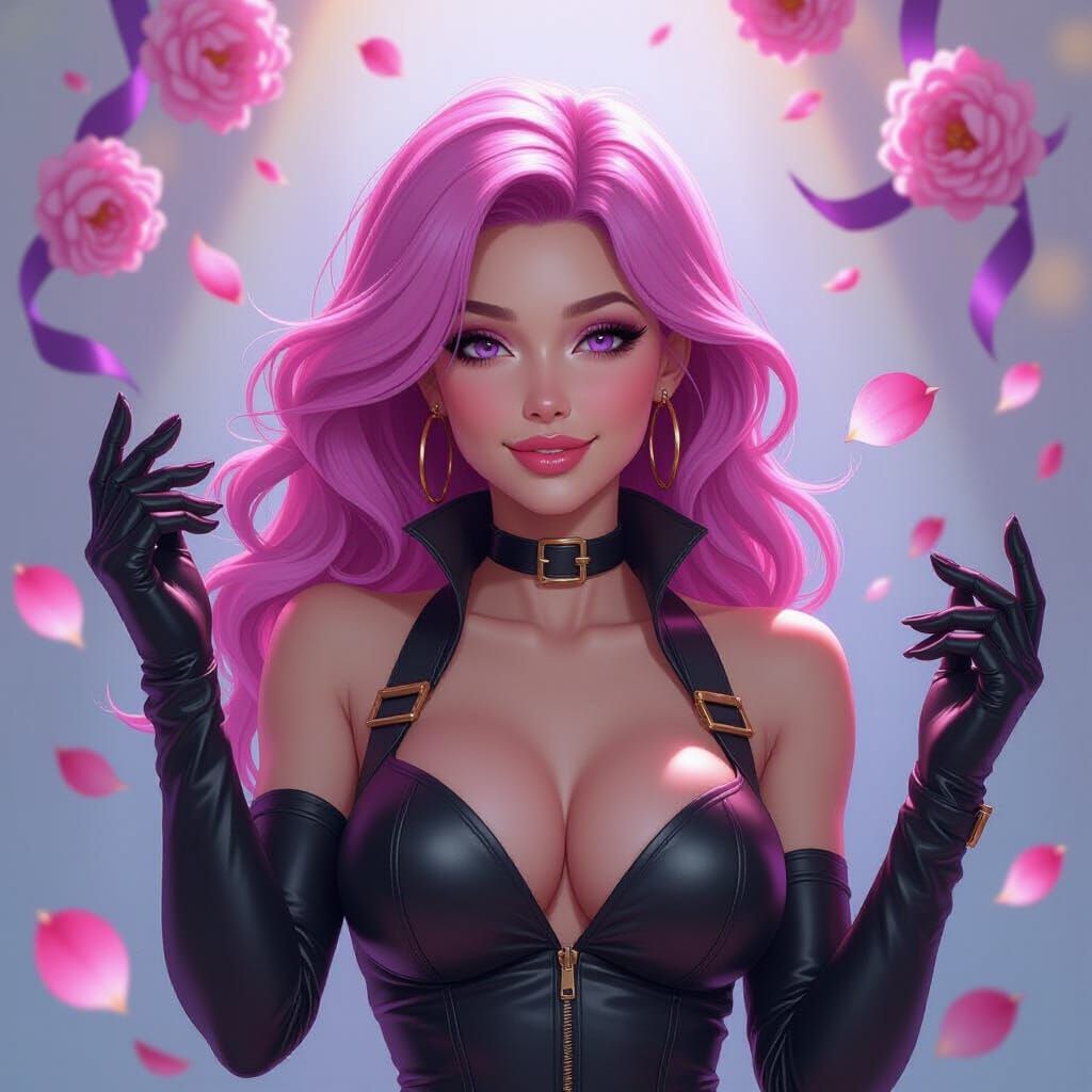 Pink-Haired Woman in Peony Petal Flurry, Art Nouveau