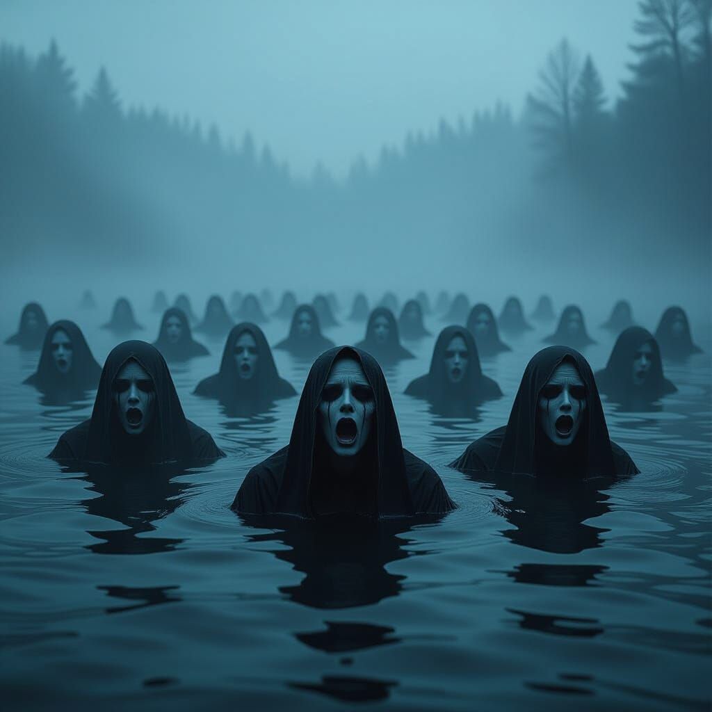 Eerie River of Pale Faces in Dark Landscape