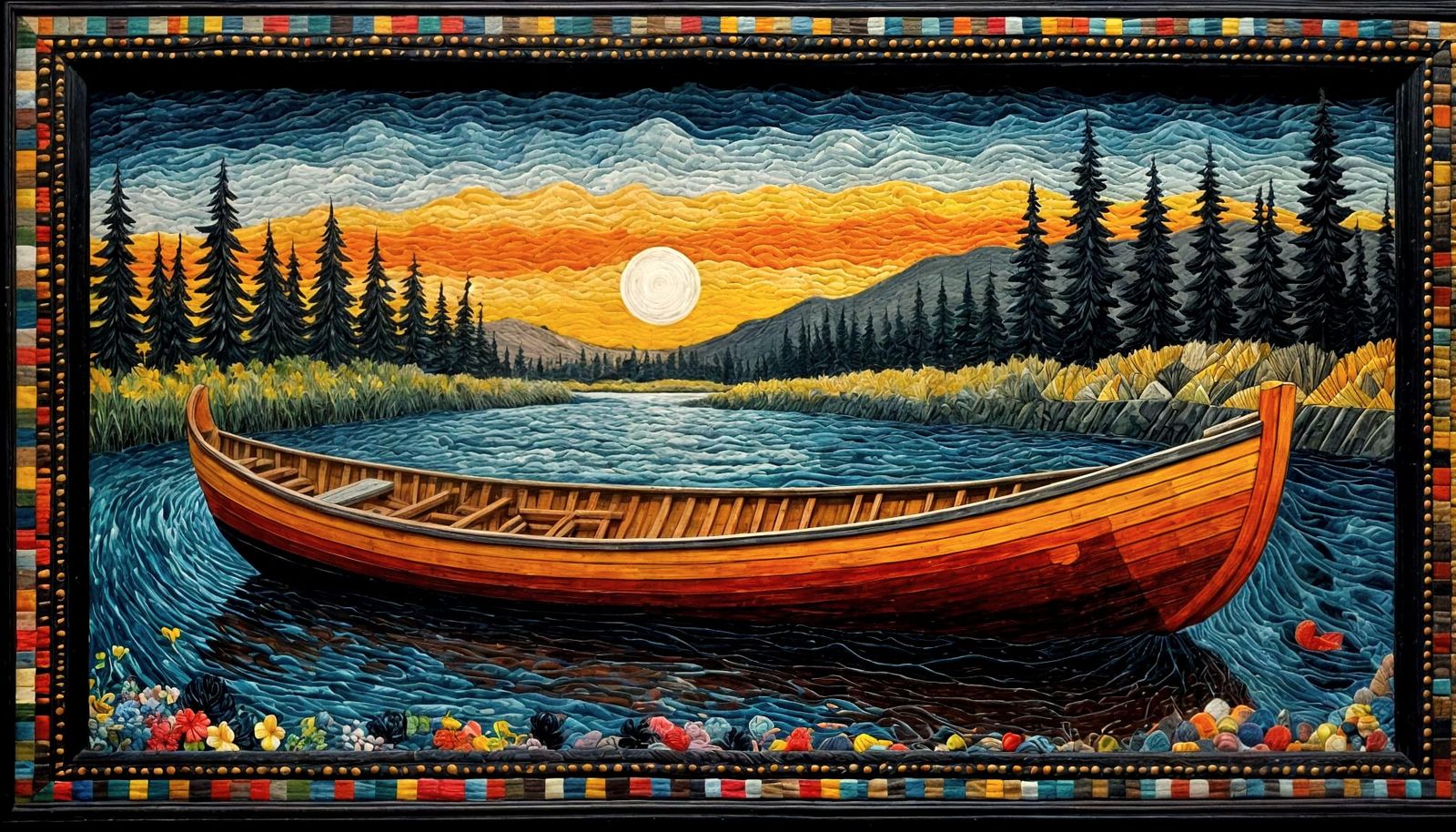 River Rowboat Through Giant Frame, Abstract Textile Art