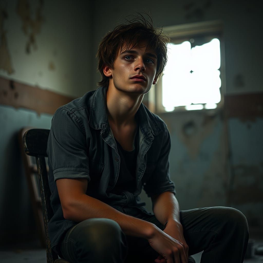 Emotionally Exhausted Man in Abandoned Room: Cinematic Portr...