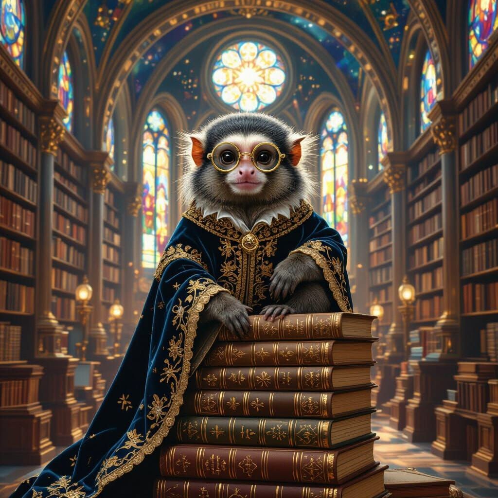 Celestial Library: Pygmy Marmoset in Baroque Art Nouveau Sty...