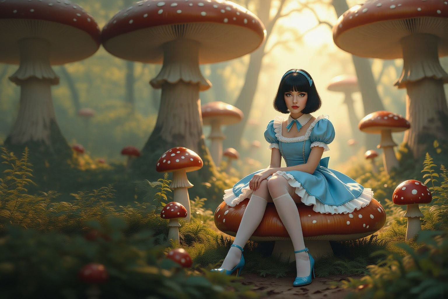 Alice in Wonderland in a Mushroom Forest