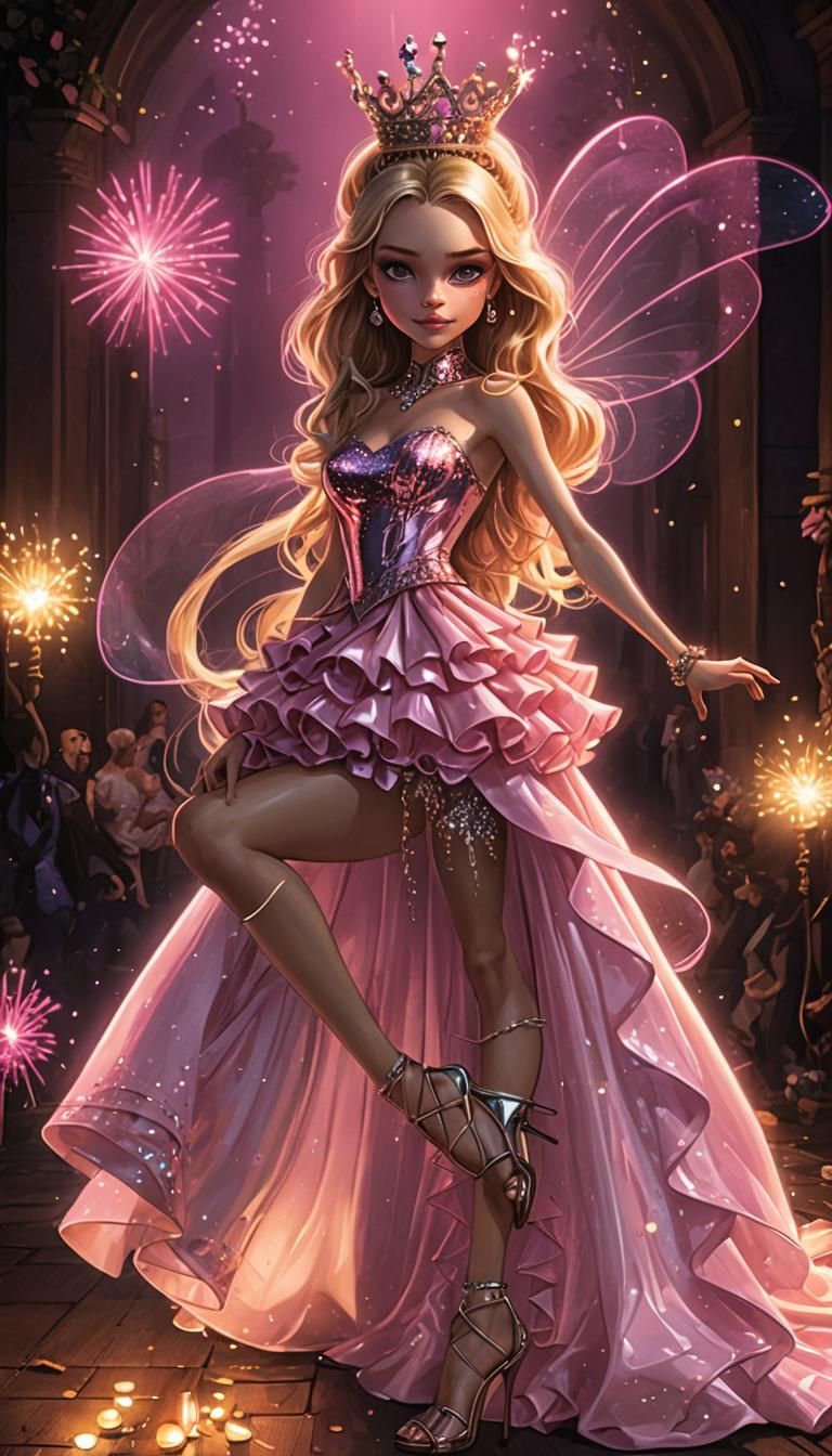 Blonde in Pink Gown at Night Party