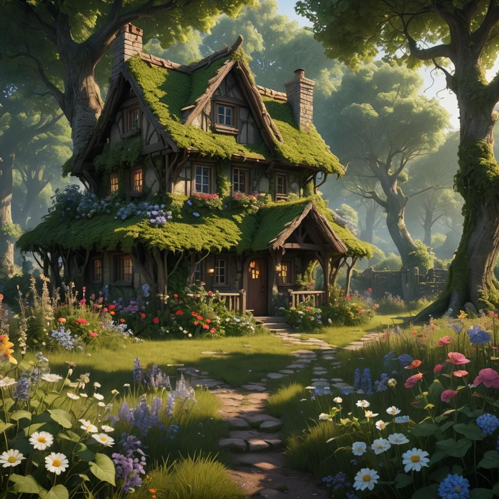 Charming Cottage in Sunlit Meadow, Fantasy Concept Art