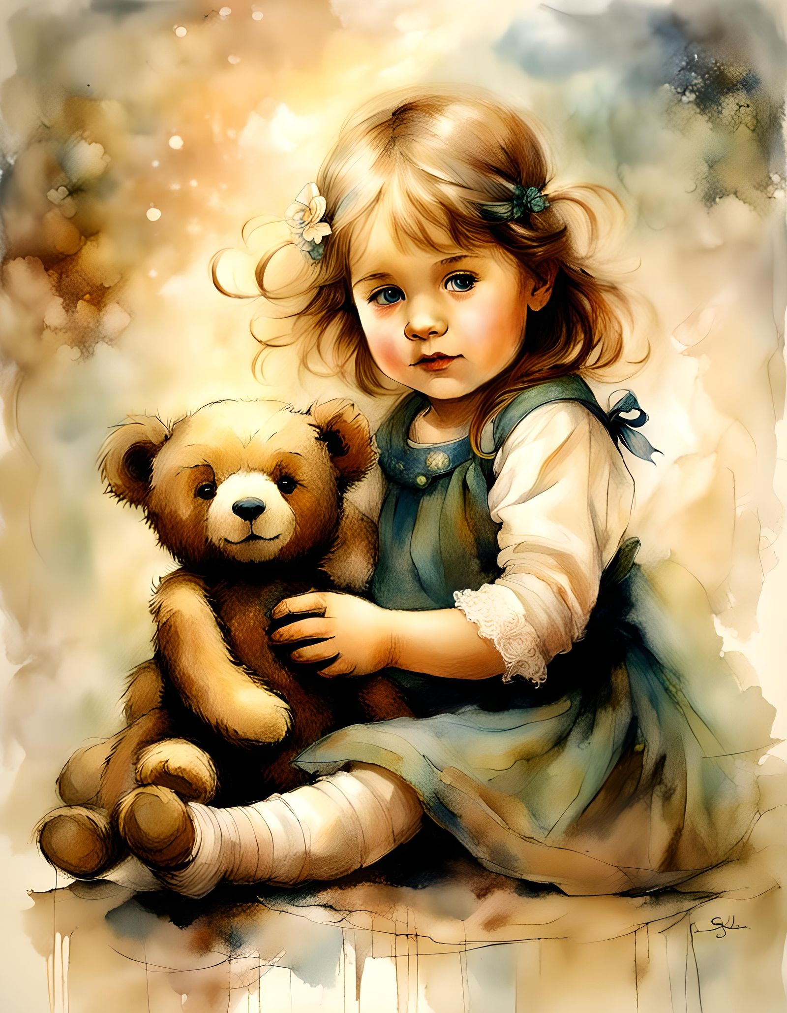 Cute Toddler Girl with Teddy Bear in Visionary Art Style
