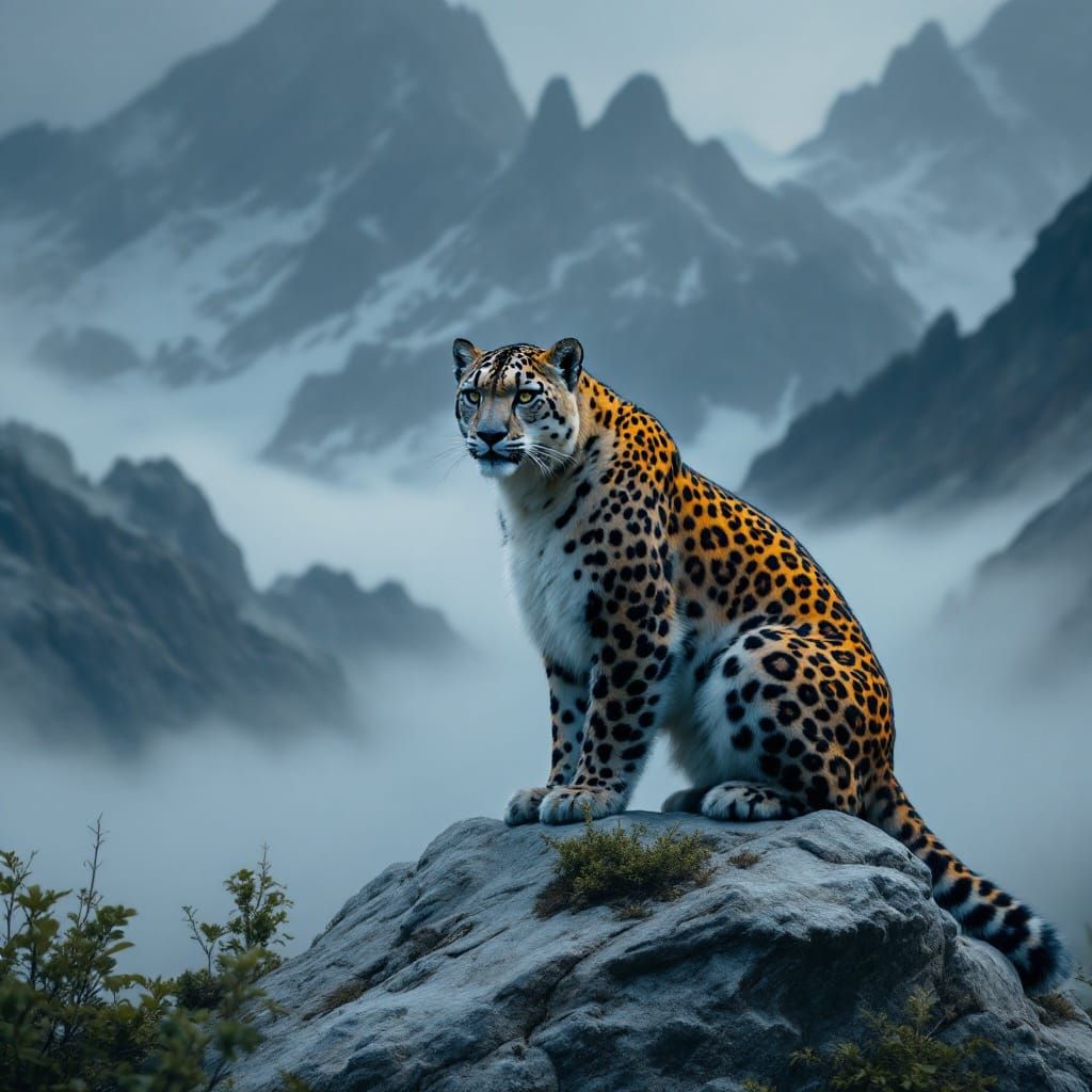 Black and Gold Snow Leopard in Mystical Landscape
