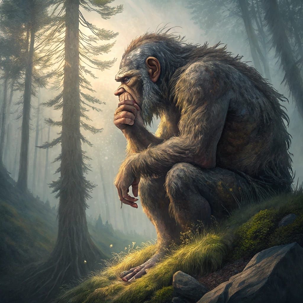 Old Troll Portrait in Norwegian Forest, Watercolor Style