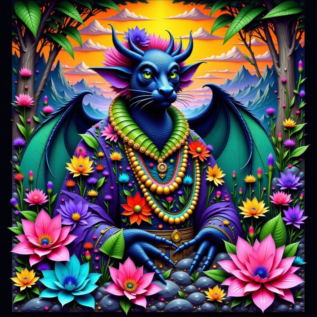 Dragon Aumakua in Tropical Landscape, Murakami Style