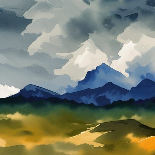 Storm Clouds Over Snowy Peaks: Gouache Watercolor