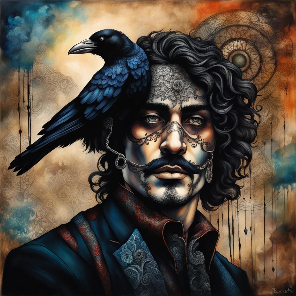 Circus Man with Crow: Vibrant Dark Fantasy Art