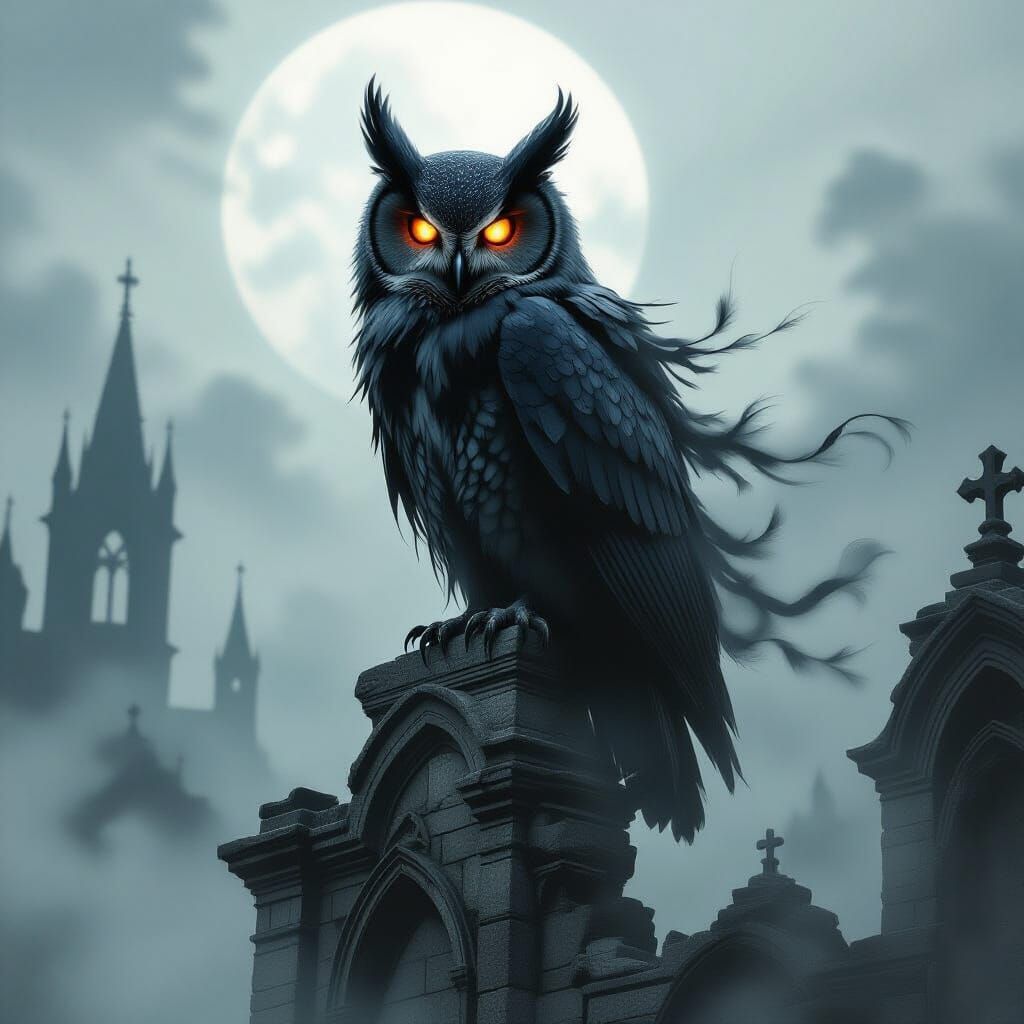 Shadowy Owl Perched Atop Gothic Ruins