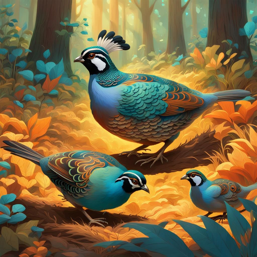 Animated California Quail Family in Sun-Dappled Glade