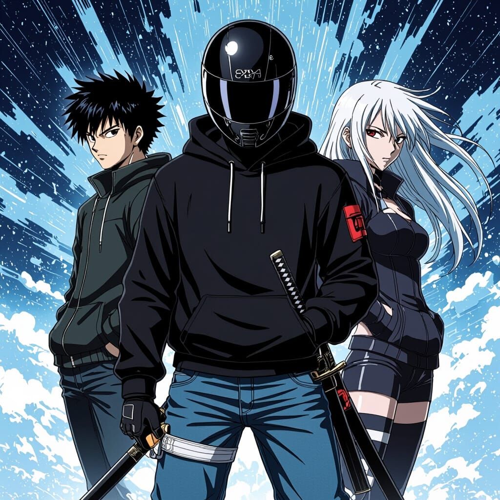 Anime Warrior with Katana and Motorcycle Helmet