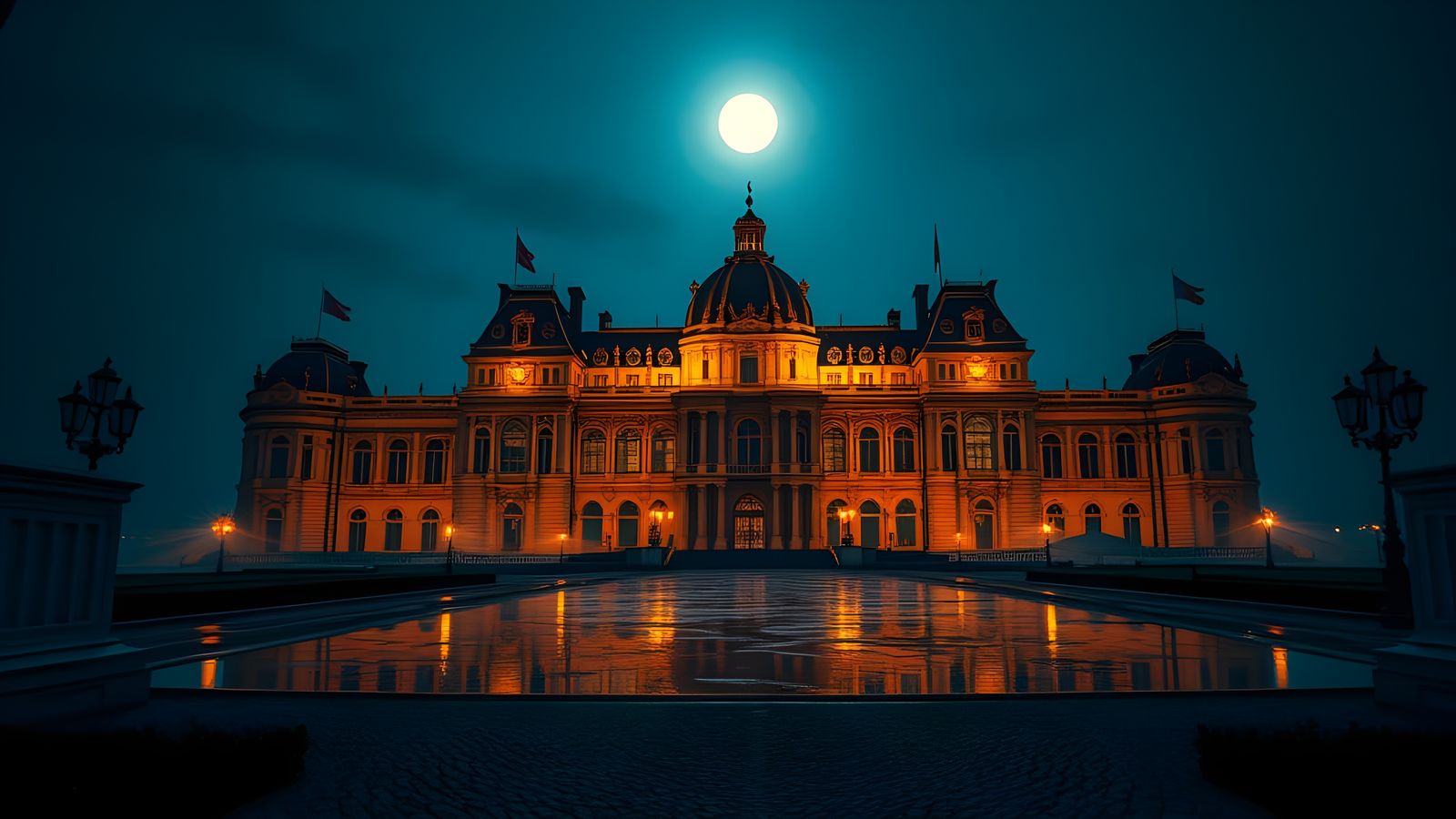 Realistic Versailles Palace at Night with Moonlit Hues