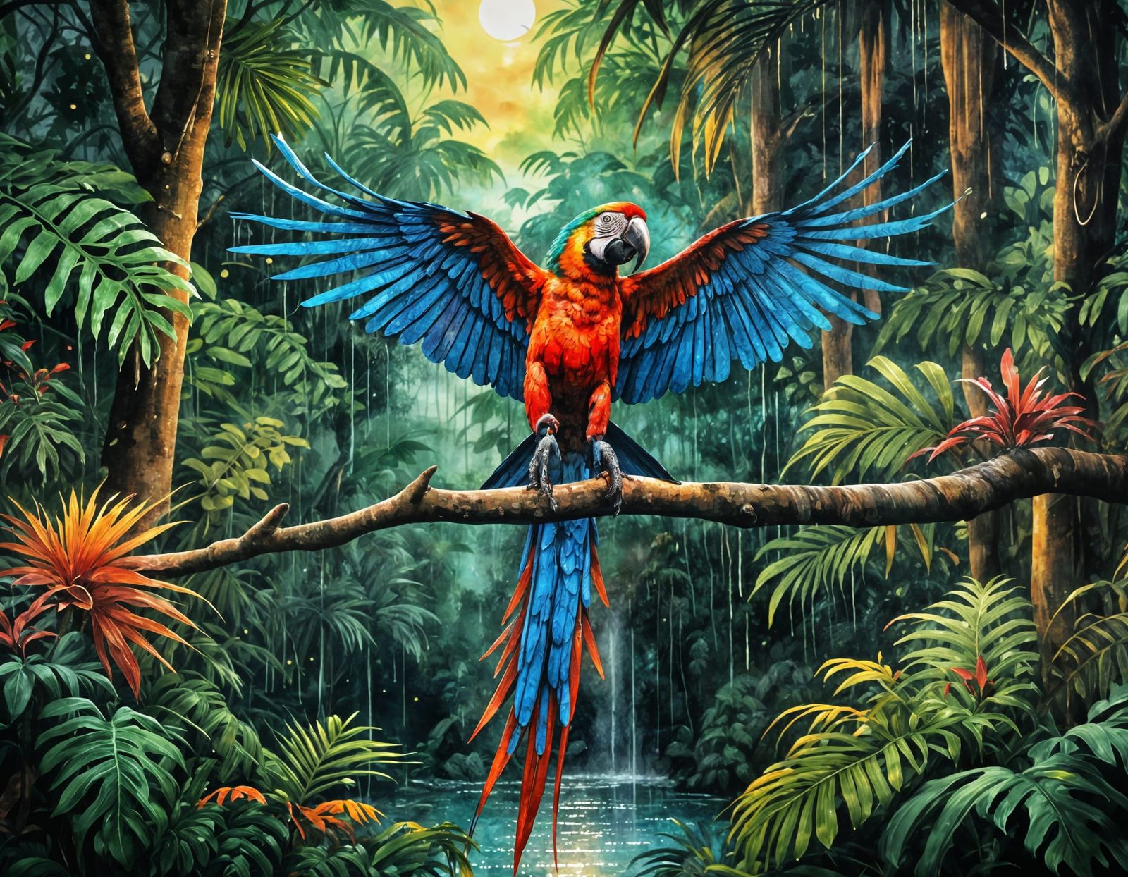 Macaw Parrot in Rainforest at Sunset: Watercolor