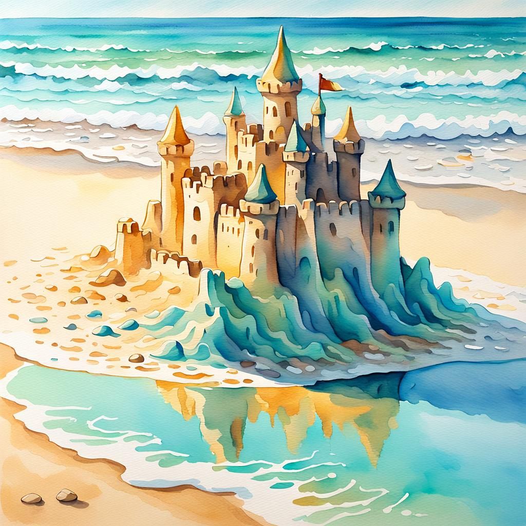 Sandcastle Washed Away: Watercolor Beach Scene