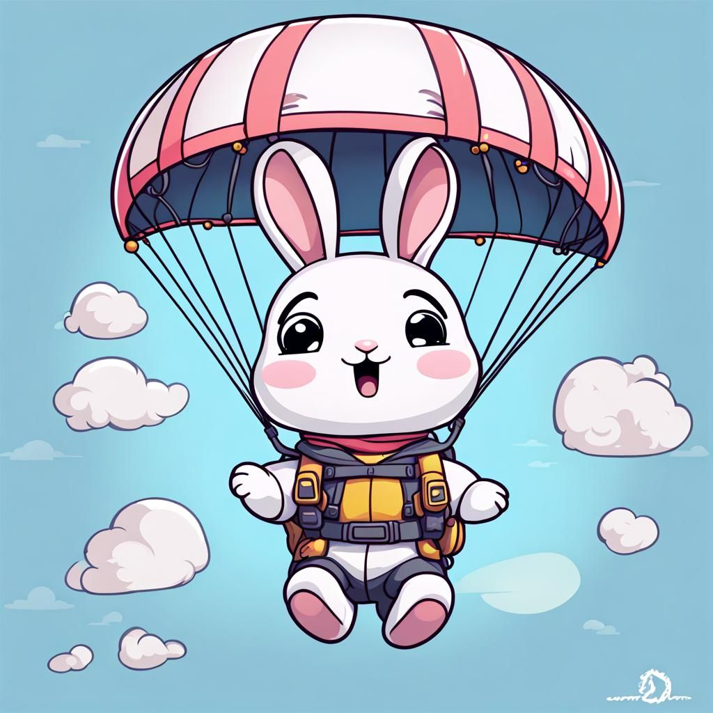 Cute Cartoon Bunny Parachutist with Super Emotions