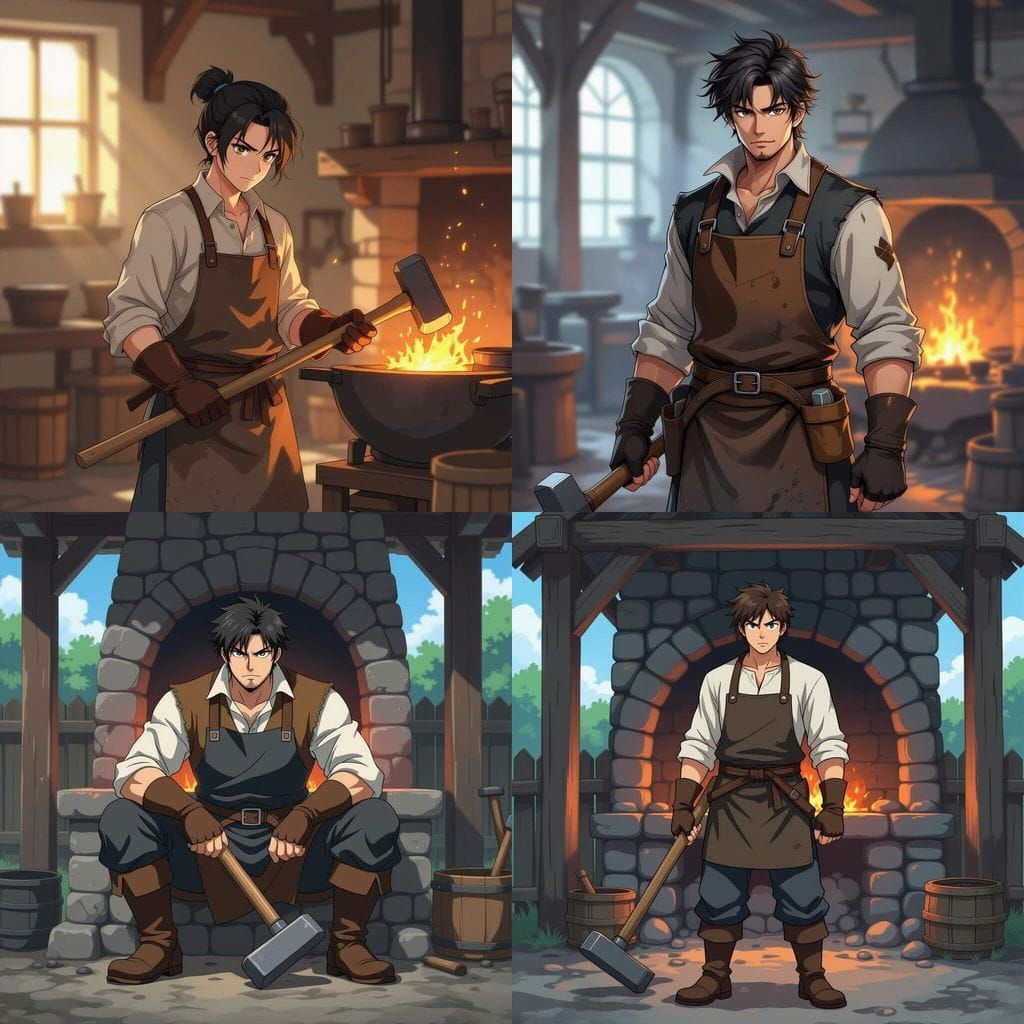 Anime Blacksmith Worker in Stylized Forge