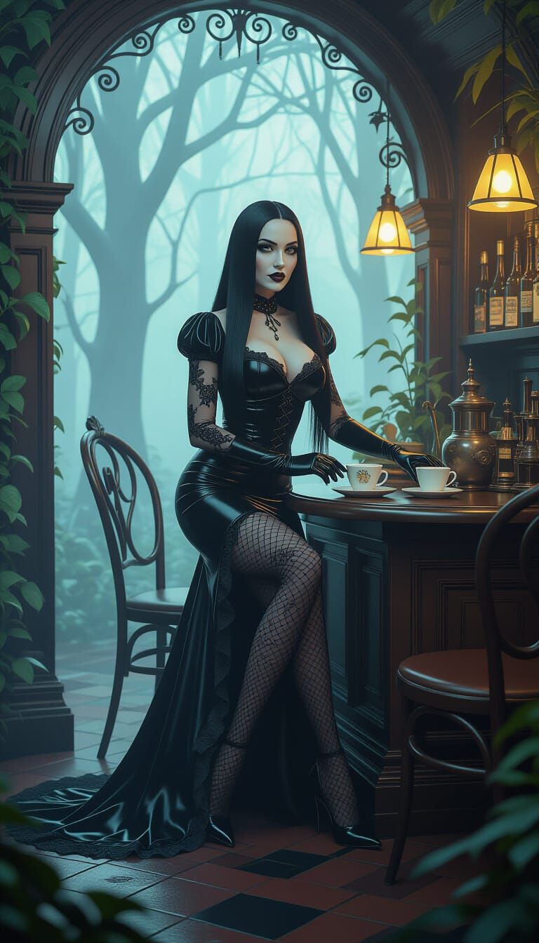 Mystical Cafe Scene With Morticia Addams in Dark Forest