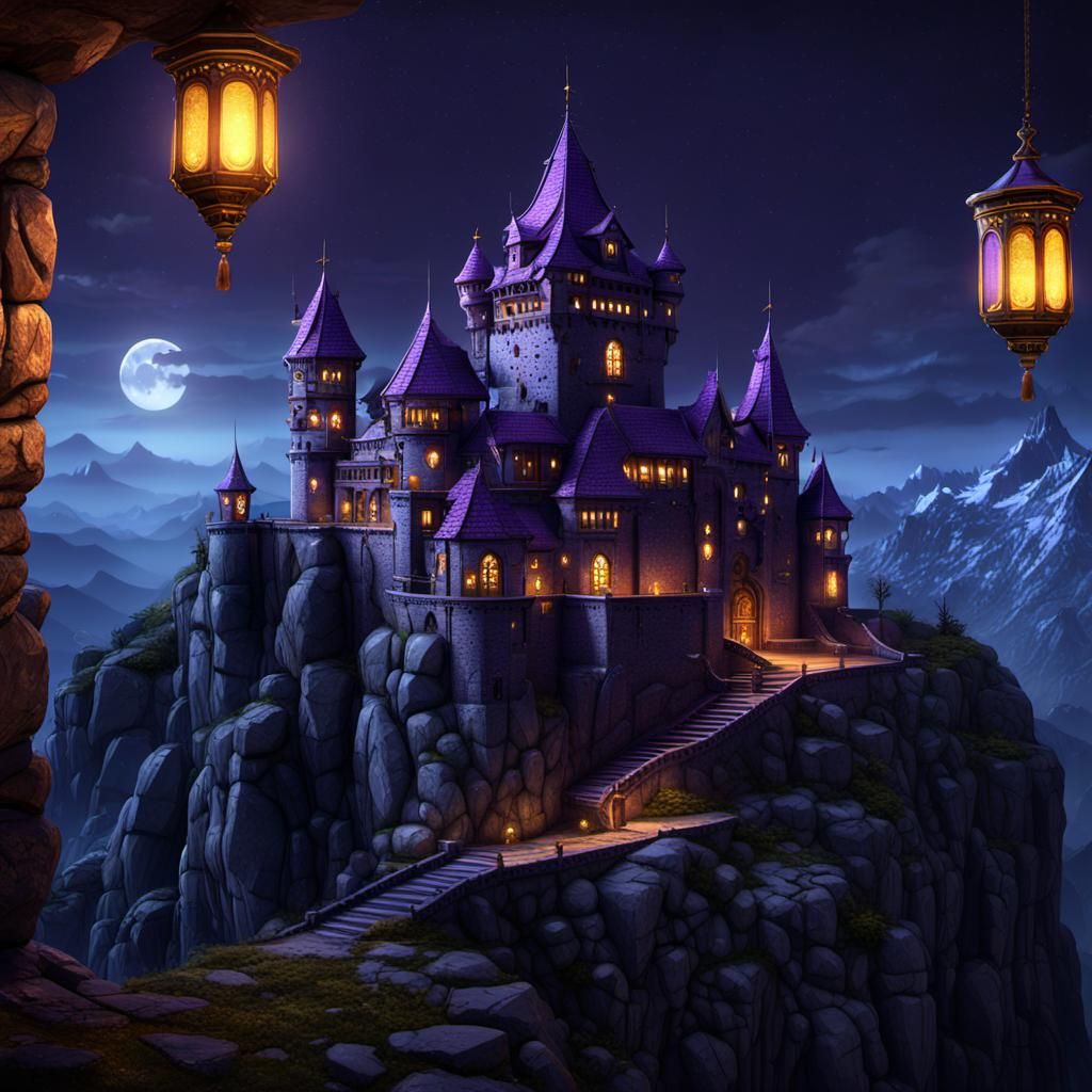 Lanterns in windows of mystical castle on top of mountain, d...