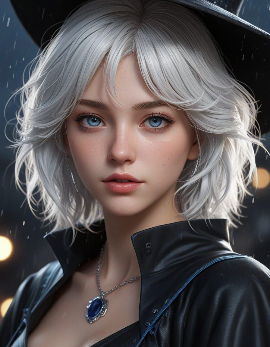 Glowing Young Witch in Midnight Rain, Anime-Style Concept Ar...