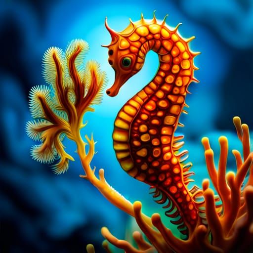 Bioluminescent Seahorse Over Coral Reef